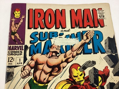 Lot 23 - Marvel Comics Iron Man and Sub Mariner #1 (1968). Pre dates both solo origin story's, priced 12 cents. Together with The Invincible Iron Man #54 (1972). First apperance of Moondragon, Priced 6p. (2...