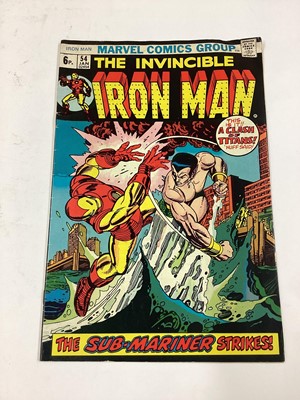 Lot 23 - Marvel Comics Iron Man and Sub Mariner #1 (1968). Pre dates both solo origin story's, priced 12 cents. Together with The Invincible Iron Man #54 (1972). First apperance of Moondragon, Priced 6p. (2...