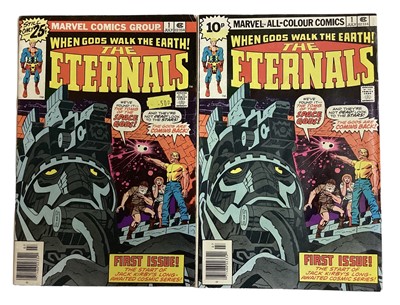 Lot 48 - Marvel Comics The Eternals #1 (1976). 1st apperance and origin of the Eternals, Jack Kirby comic series. 2 varients priced 10p and 25 cents. (2)