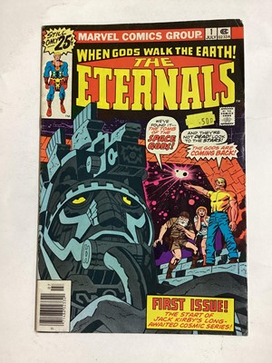 Lot 48 - Marvel Comics The Eternals #1 (1976). 1st apperance and origin of the Eternals, Jack Kirby comic series. 2 varients priced 10p and 25 cents. (2)