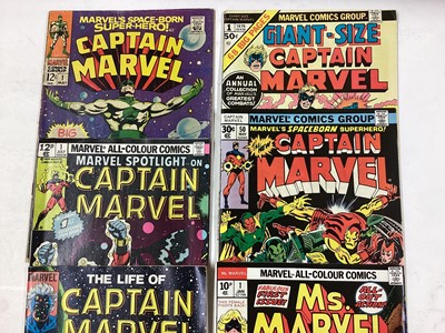Lot 71 - Marvel Comics Captain Marvel #1 (1968). 1st solo title and 3rd apperance priced 12 cents. Together with Captain Marvel #1 (1979) and other Captain marvel comics. Also includes Ms Marvel #1 (1977) f...