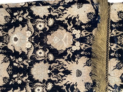 Lot 685 - Two wall hangings/cloths, heavy blue cloth with baroque damask narrow panels and braid a