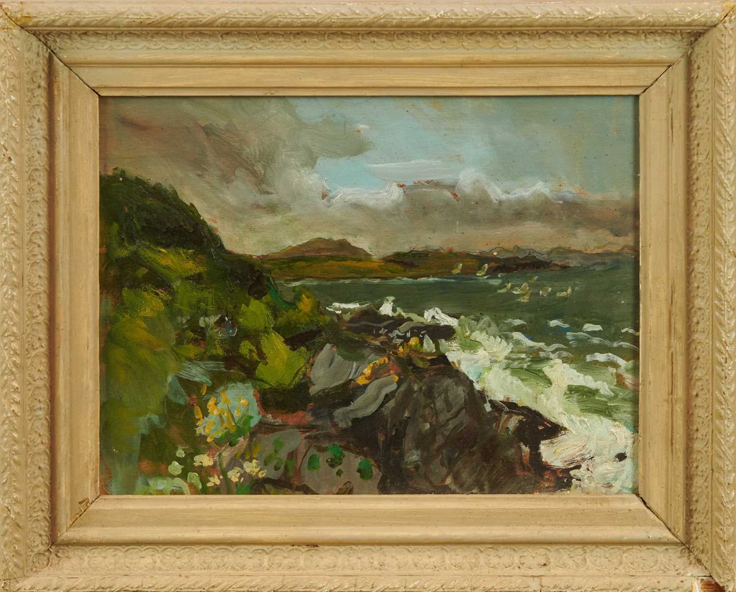 Lot 943 - Gabriel Summers (b. 1962) oil on board - Isle of Lewis, near Borve, a further sketch verso, 24cm x 32cm, in painted frame
