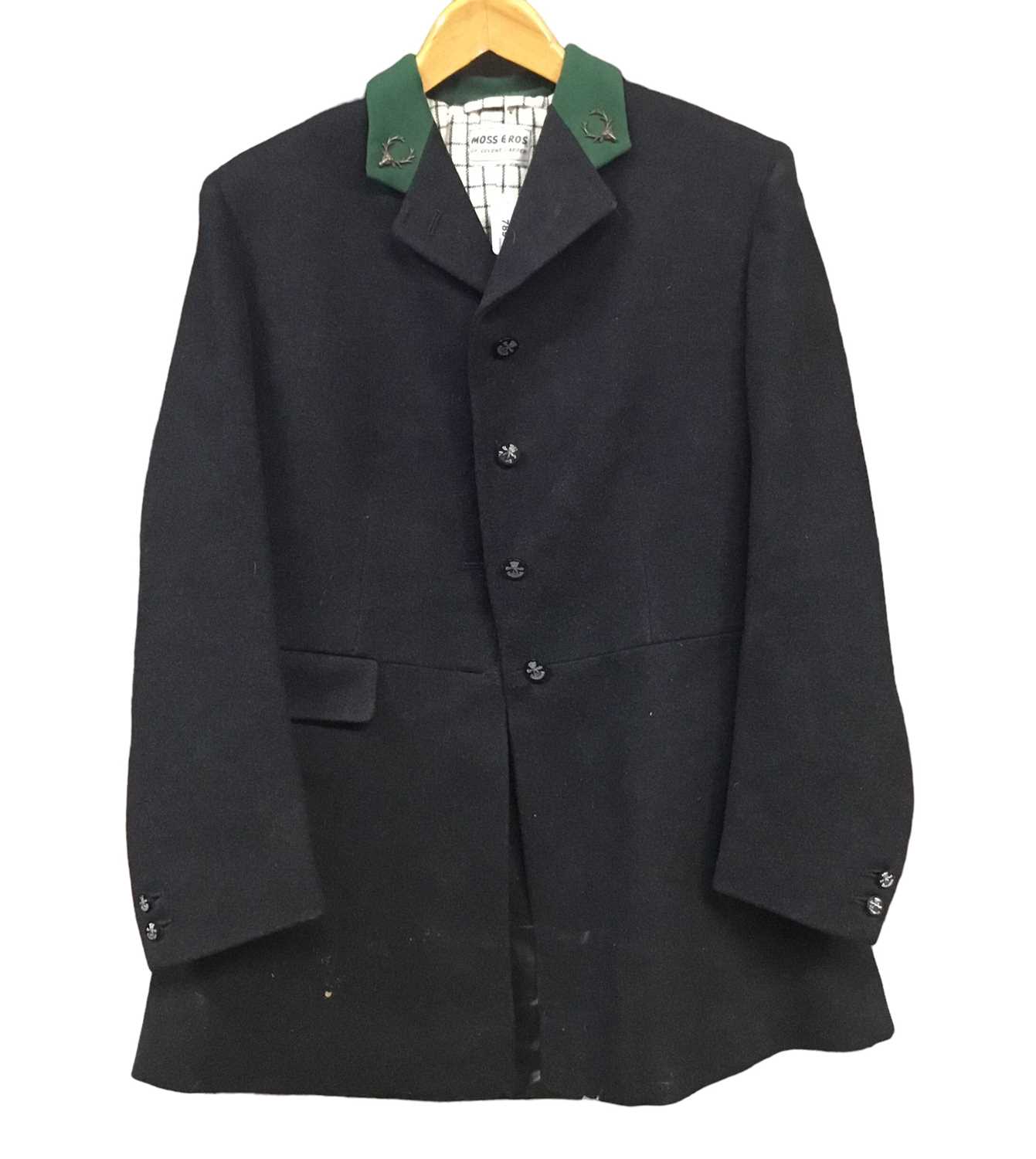 Lot 789 - Vintage Moss Bros black hunting coat with green collar and New Forest Buckhounds buttons