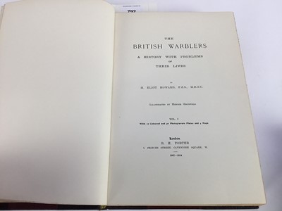 Lot 792 - Two volumes- H. Eliot Howard, The British Warblers - A history with problems of their lives, illustrated by Henrik Gronvold, published Porter, London, 1907-1914, half calf bound