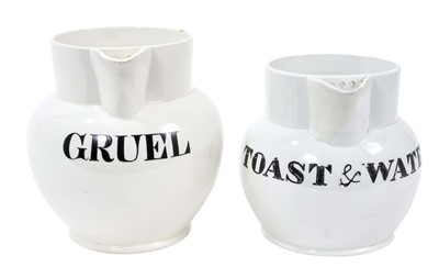 Lot 1408 - Two 19th century white glazed pottery jugs, worded in black 'Gruel' and 'Toast & Water', 12cm and 14cm high