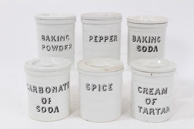 Lot 1410 - Set of six early 20th century Cetem Ware white banded kitchen storage jars, with titles in black, including Spice