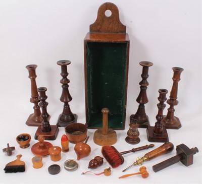 Lot 1364 - Collection of treen, including three pairs of rare Georgian carved candlesticks