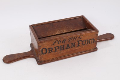 Lot 1365 - Victorian pine orphan fund collecting box, titled, 47cm long