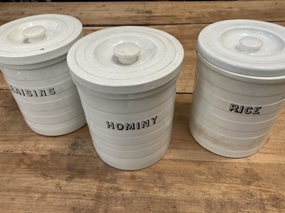 Lot 1412 - Set of three late 19th/early 20th century large white banded kitchen storage jars, titled in black, including 'Rice'