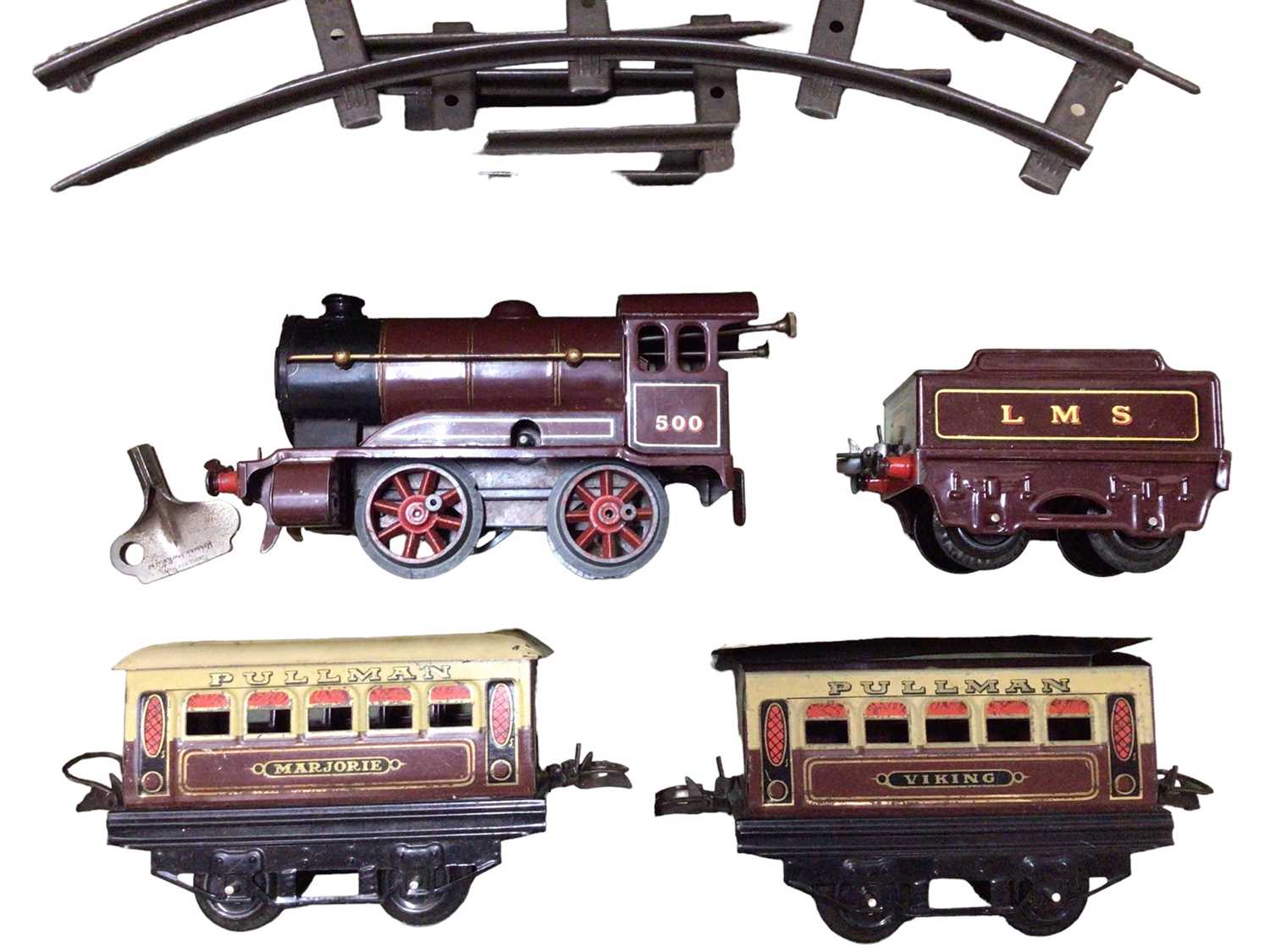 Lot 1827 - Hornby O gauge No.0 Passenger Train Set including clockwork LMS Maroon 0-4-0 tender locomotive withPullman coaches Marjorie & Viking, Hornby Series Snow Plough RS681, Guards Van RS663, Cement Wagon...