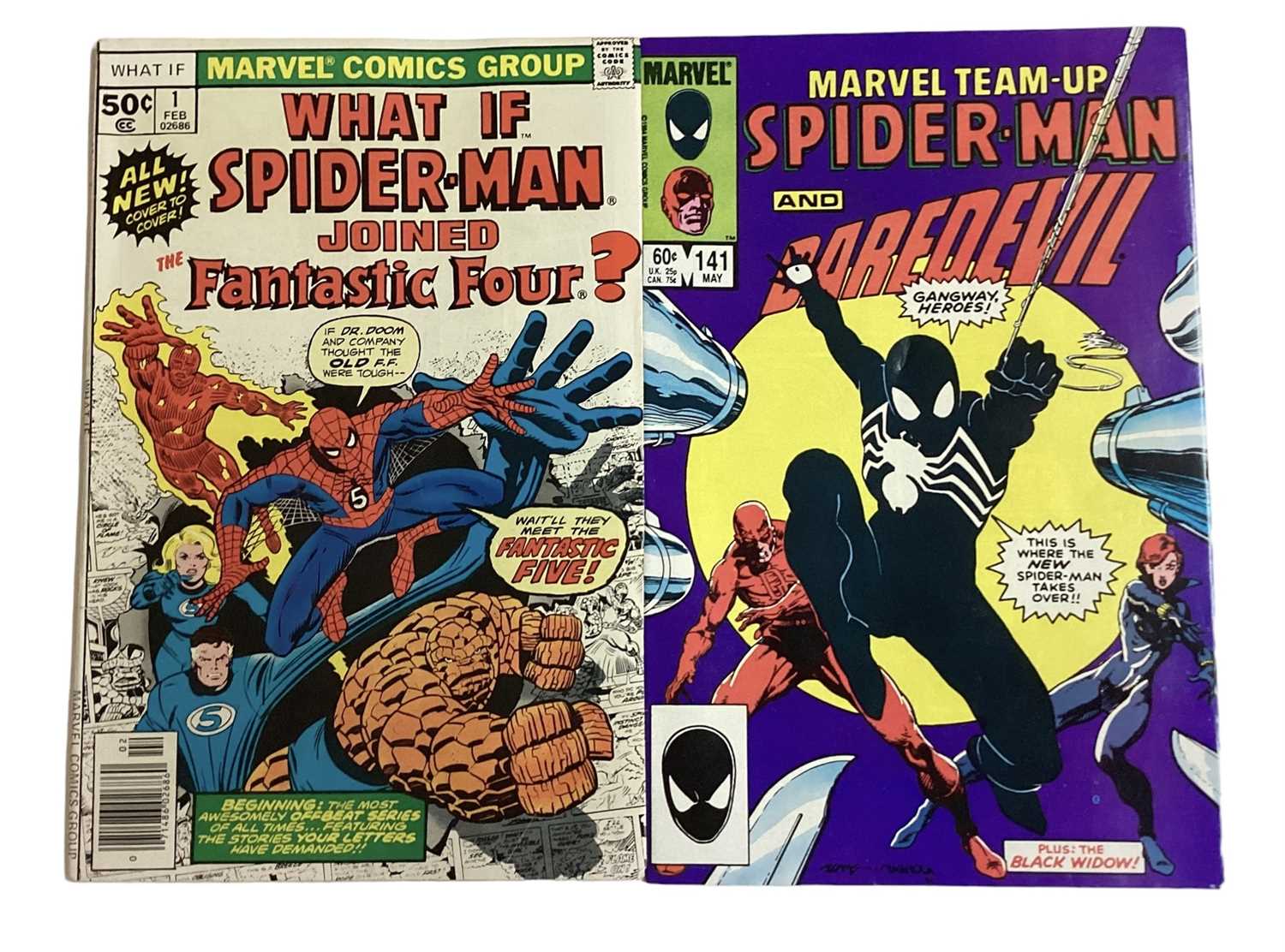 Lot 47 - Marvel Comics What if Spider-Man joined the Fantastic Four? #1 (1977). Together with Marvel Team up Spider-Man and Daredevil #141 (1984), black costume apperance. Priced 50 and 60 cents. (2)