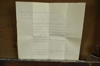 Lot 935 - James Webb (1825-1895) oil on canvas - View of the Island of Marken, Holland, inscribed verso, 30cm x 55cm, in gilt frame 
Provenance: The Dujarden Family, note verso