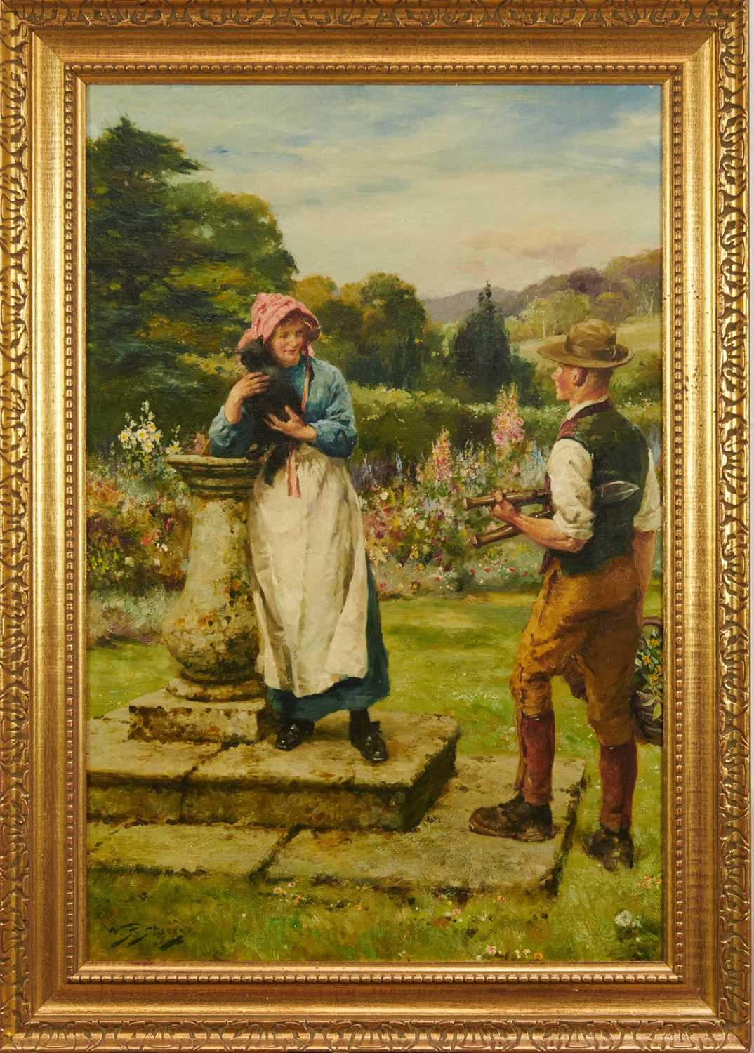 Lot 946 - Walter Sydney Stacey (1846-1929) oil on canvas - The Young Gardner and Maid, signed, 76cm x 51cm, in gilt frame