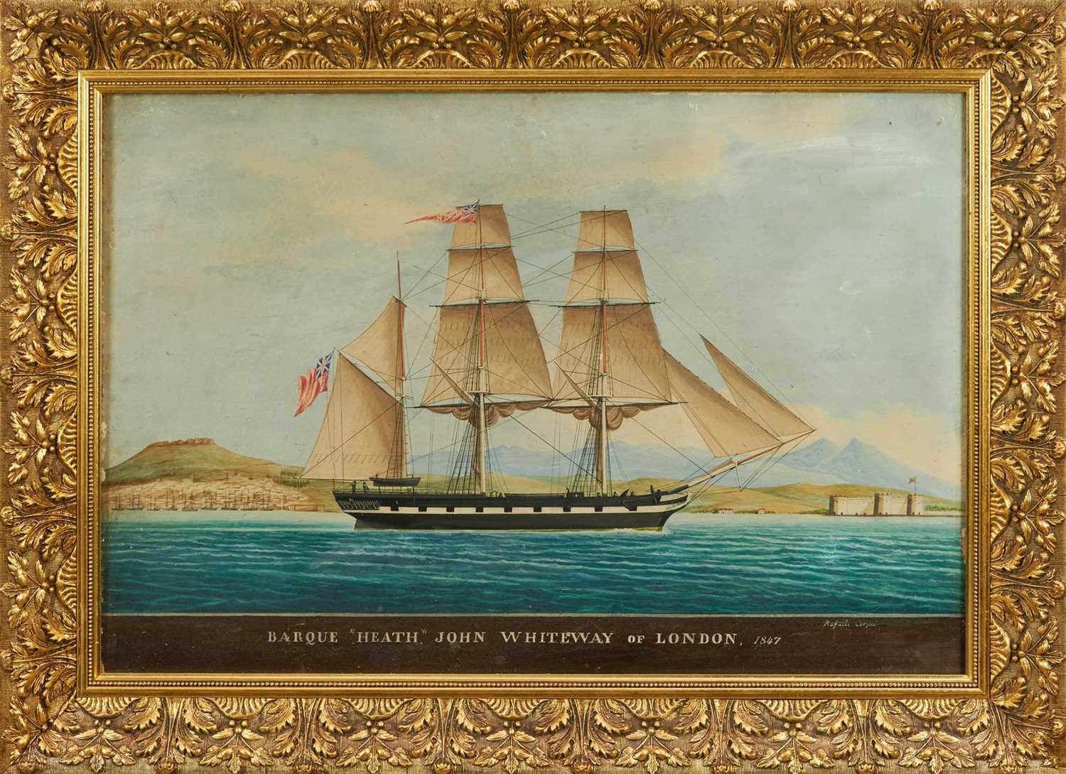 Lot 947 - Raphael Corsini, 19th century, oil on board - The Barque "Heath" John Whiteway of London off the Coast of Smyrna, titled, signed and dated 1847, 48cm x 71cm, in gilt frame