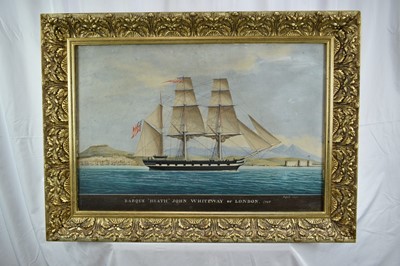 Lot 947 - Raphael Corsini, 19th century, oil on board - The Barque "Heath" John Whiteway of London off the Coast of Smyrna, titled, signed and dated 1847, 48cm x 71cm, in gilt frame