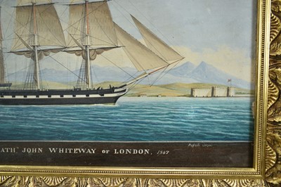 Lot 947 - Raphael Corsini, 19th century, oil on board - The Barque "Heath" John Whiteway of London off the Coast of Smyrna, titled, signed and dated 1847, 48cm x 71cm, in gilt frame