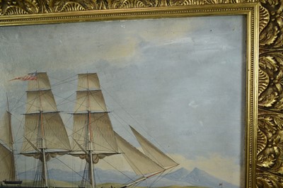 Lot 947 - Raphael Corsini, 19th century, oil on board - The Barque "Heath" John Whiteway of London off the Coast of Smyrna, titled, signed and dated 1847, 48cm x 71cm, in gilt frame