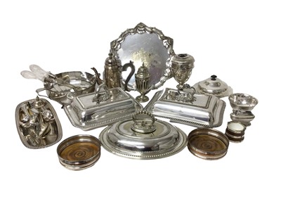 Lot 314 - Collection of 19th century and later silver plate to include entree dishes, oil lamp base, engraved salver, pair of Old Sheffield plate coasters and cutlery