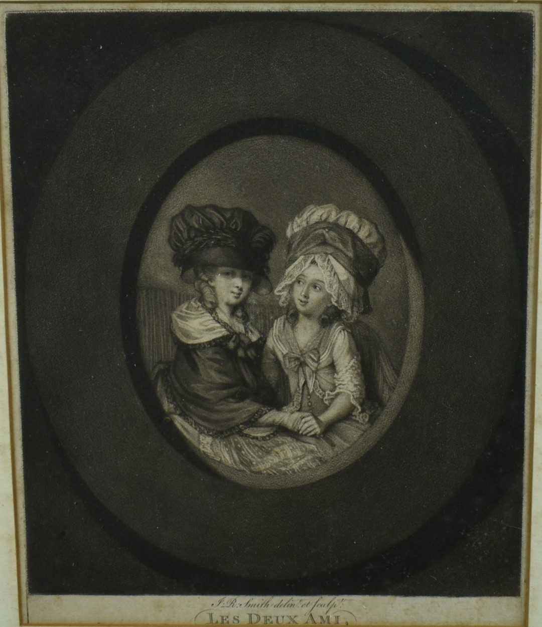 Lot 979 - 18th century black and white mezzotint by and after J. R. Smith, "Les Deux Ami", circa 1778, Mrs Smith and Mrs Prothero, 25cm x 20.5cm, in glazed gilt frame