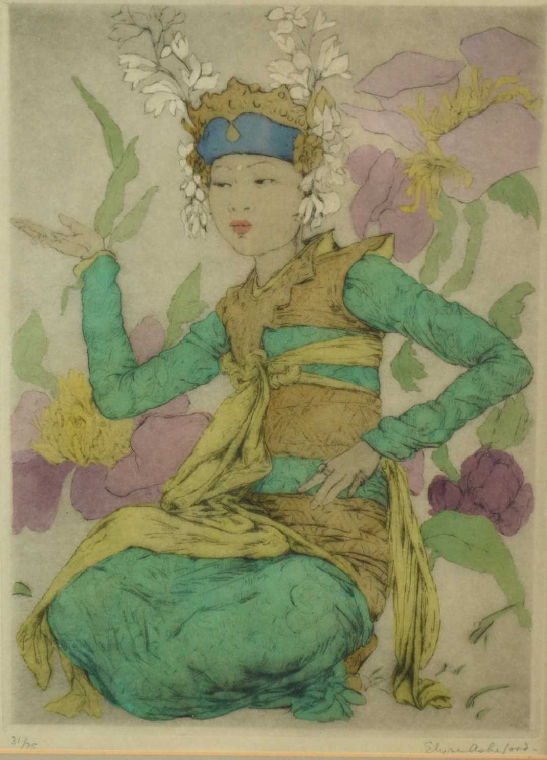 Lot 984 - Elyse Ashe Lord (1900-1971) signed limited edition coloured etching - Bali Dancer, 31/75, 36cm x 26cm, in original glazed frame  
Provenance: Mealands (Knightsbridge) Ltd.