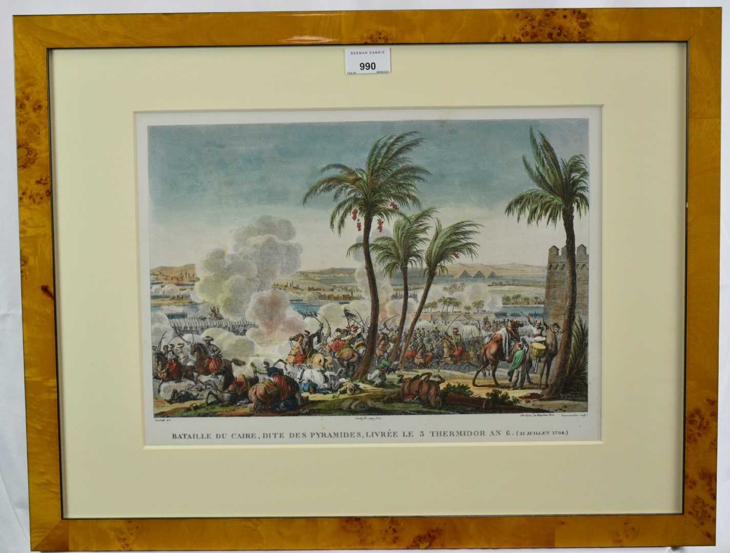 Lot 990 - Collection of eight 19th century hand coloured lithographs - Battle scenes to include Ratisbonne, D'Occana, Montebello, Du Claire and others, in decorative frames