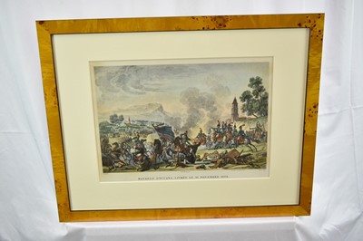 Lot 990 - Collection of eight 19th century hand coloured lithographs - Battle scenes to include Ratisbonne, D'Occana, Montebello, Du Claire and others, in decorative frames