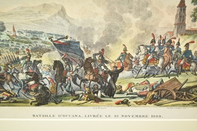 Lot 990 - Collection of eight 19th century hand coloured lithographs - Battle scenes to include Ratisbonne, D'Occana, Montebello, Du Claire and others, in decorative frames