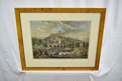 Lot 990 - Collection of eight 19th century hand coloured lithographs - Battle scenes to include Ratisbonne, D'Occana, Montebello, Du Claire and others, in decorative frames