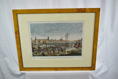 Lot 990 - Collection of eight 19th century hand coloured lithographs - Battle scenes to include Ratisbonne, D'Occana, Montebello, Du Claire and others, in decorative frames