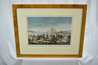 Lot 990 - Collection of eight 19th century hand coloured lithographs - Battle scenes to include Ratisbonne, D'Occana, Montebello, Du Claire and others, in decorative frames