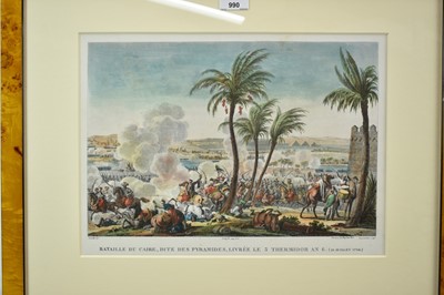 Lot 990 - Collection of eight 19th century hand coloured lithographs - Battle scenes to include Ratisbonne, D'Occana, Montebello, Du Claire and others, in decorative frames