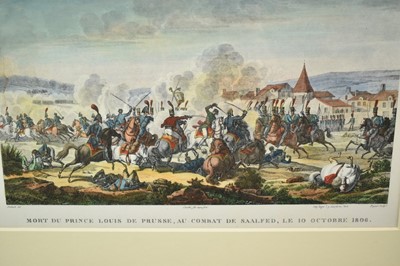 Lot 990 - Collection of eight 19th century hand coloured lithographs - Battle scenes to include Ratisbonne, D'Occana, Montebello, Du Claire and others, in decorative frames