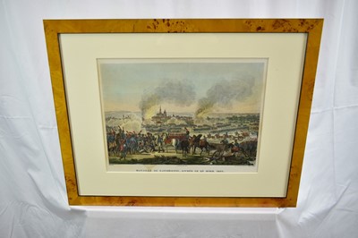 Lot 990 - Collection of eight 19th century hand coloured lithographs - Battle scenes to include Ratisbonne, D'Occana, Montebello, Du Claire and others, in decorative frames