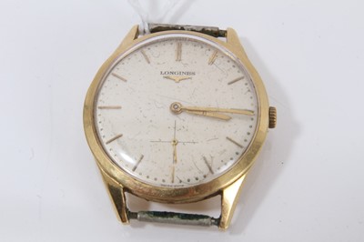 Lot 445 - 1950s Longines 18ct gold wristwatch with 232 calibre manual wind movement, the circular dial with applied baton hour markers and dots for the minutes, subsidiary seconds, in circular 18ct gold case...