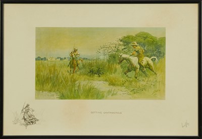 Lot 1276 - *Snaffles, Charles Johnson Payne (1884-1967) signed hand coloured print - "Getting Cantankerous", signed in pencil, 44cm x 65cm, in glazed frame 
Provenance: Malcolm Innes Gallery