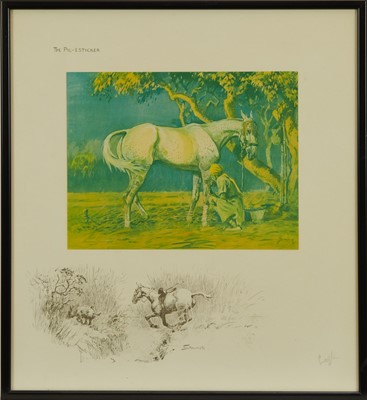 Lot 1275 - *Snaffles, Charles Johnson Payne (1884-1967) signed hand coloured print - The Pig-Esticker, signed in pencil, with snaffle blind stamp, 47cm x 43cm, in glazed frame