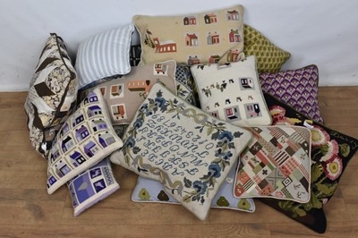 Lot 1355 - Large collection of hand embroidered and patchwork cushions by Angela Kay, approximately 19