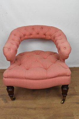 Lot 1326 - Mid 19th century button upholstered tub chair, with bar back, raised on turned legs and castors