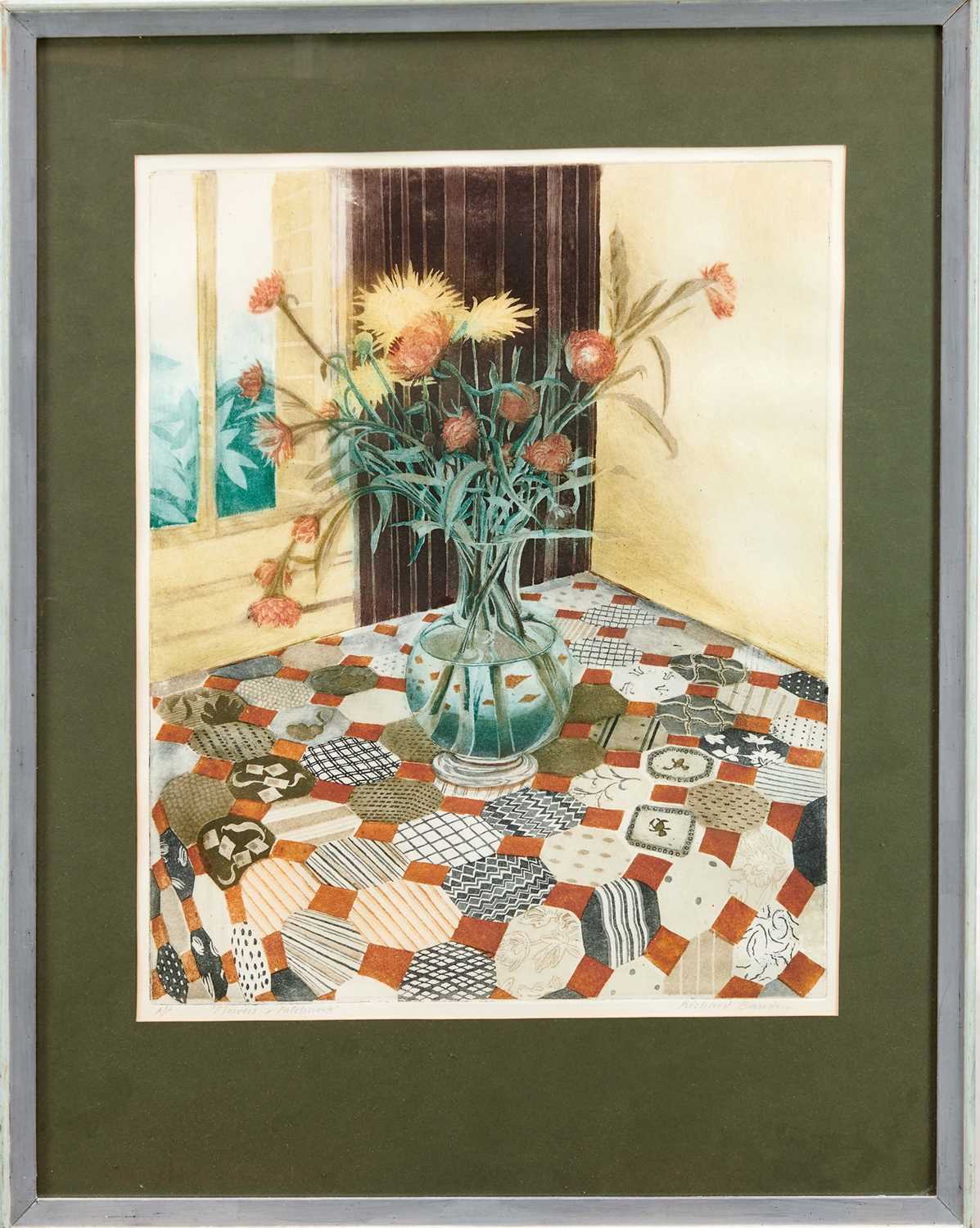 Lot 848 - *Richard Bawden (b.1936), signed artist's proof etching - 'Flowers & Patchwork', 52cm x 42cm, in glazed frame