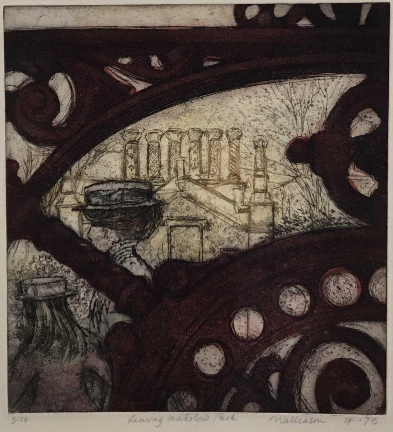 Lot 56 - Pat Mallinson (b.1930) etching/aquatint - Leaving Waterlow Park, pencil signed, titled, numbered and dated '75, in glazed frame