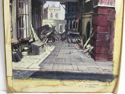 Lot 49 - Henry S Neave (1900-1971) mixed media, Demolition at Printing House Square, signed and dated 1960, 45cm x 30cm unframed