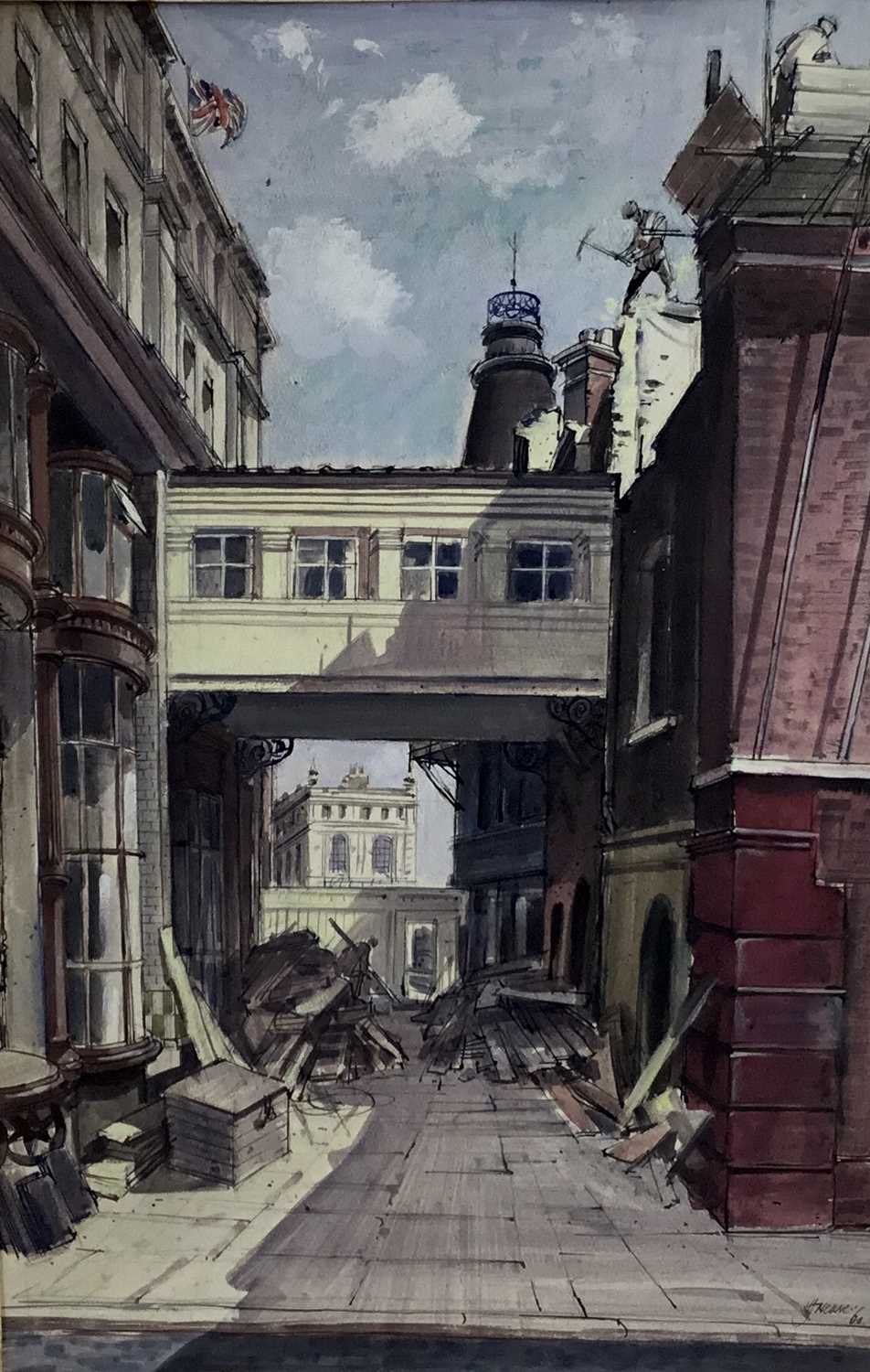 Lot 49 - Henry S Neave (1900-1971) mixed media, Demolition at Printing House Square, signed and dated 1960, 45cm x 30cm unframed