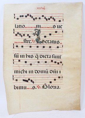 Lot 677 - Late Medieval double sided vellum plainsong parchment sheet, with illuminated capitals, 57 x 43cm