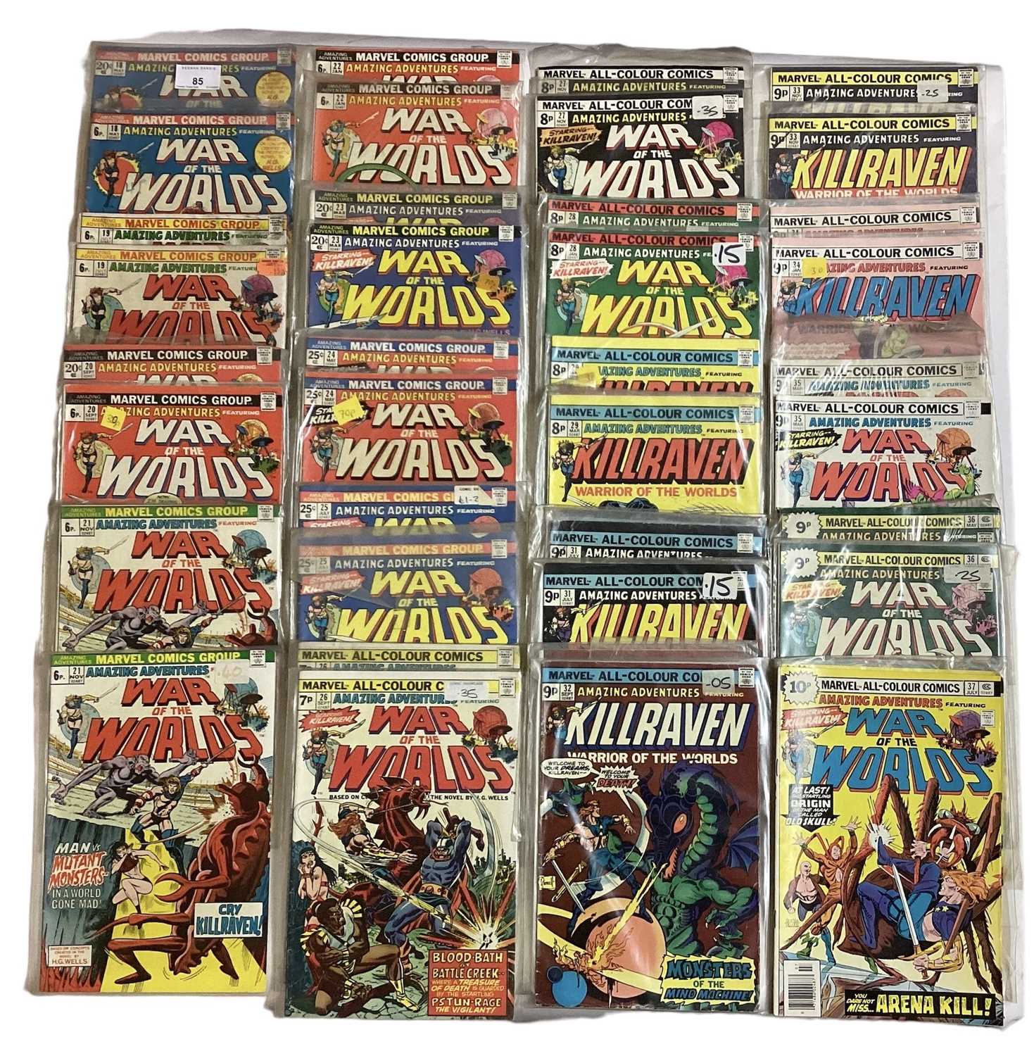 Lot 85 - Marvel Comics Amazing Adventures featuring War of the Worlds "Killraven" (1973 to 1976). Complete run from issue 18 - 39 to include duplicates. Issue 18 first apperance of Killraven. English and Am...