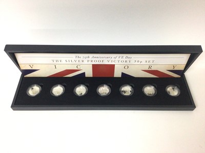 Lot 405 - Isle of Man - Silver proof Victory Fifty Pence seven coin set with selective 24ct. gold plate commemorating 75th Anniversary of VE Day 2020 (N.B. Cased with Certificate of Authenticity) (1 coin set...