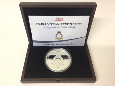 Lot 406 - G.B. - Official silver proof 5oz Medallion commemorating The Royal Air Force - Red Arrows 2019 Display Season (N.B. Rev: Colour enhanced with pilots signatures and cased with Certificates of Authen...