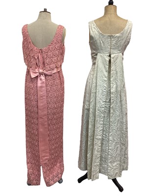 Lot 2098 - 1960's gold lurex empire line column evening dress, similar pink lace evening dress, pink chiffon halter neck maxi with beaded bodice, red and brown heavily beaded evening gown with shoe string str...