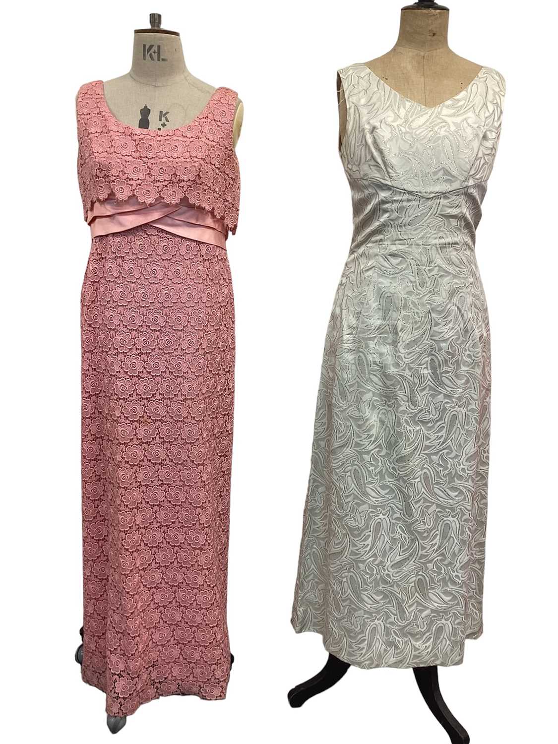 Lot 2098 - 1960's gold lurex empire line column evening dress, similar pink lace evening dress, pink chiffon halter neck maxi with beaded bodice, red and brown heavily beaded evening gown with shoe string str...