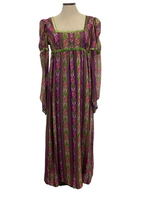 Lot 2099 - 1970's Dolly Rocker floral maxi dress, Grace Elliott floral maxi with stand up collar, black Mod dress with top stitching and waist detail. Plus a tartan skirt by Elisie Whiteley.